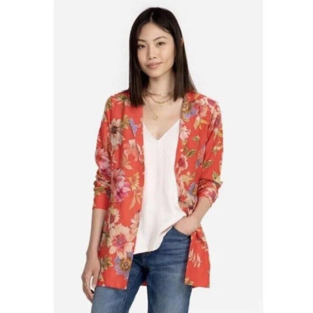 Johnny Was Blazer Fyson Silk Blend Floral Print Coral Red Oversized Small Spring
